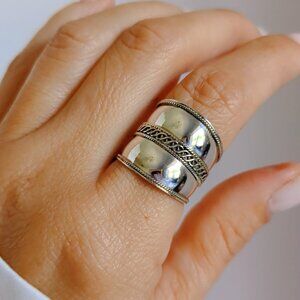 Concave Bali Ring, Sterling Silver Ring, Wide Light Band , Statement Thumb Band